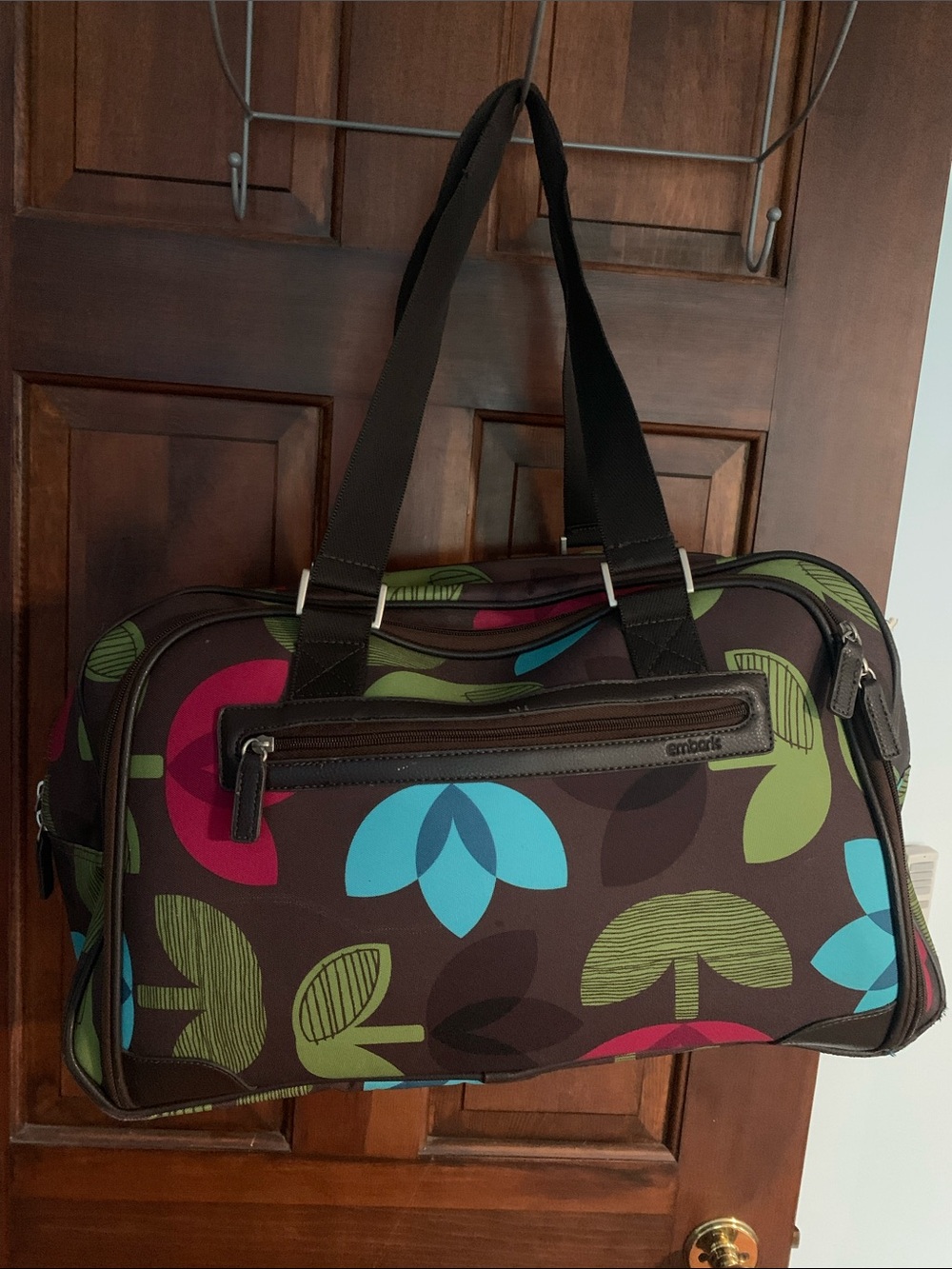 Brown Floral Travel Duffel Bag with Blue, Green & Pink Accents